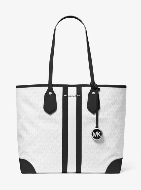 Damske Prenosná Taška Michael Kors Eva Large Logo Stripe Biele - Kabelky Michael Kors Levně | MDWFL-8259